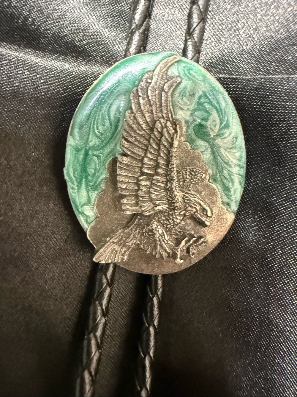 Eagle Soaring Above The Mountains Leather Bolo Tie Silver Tone and Blue Inlay